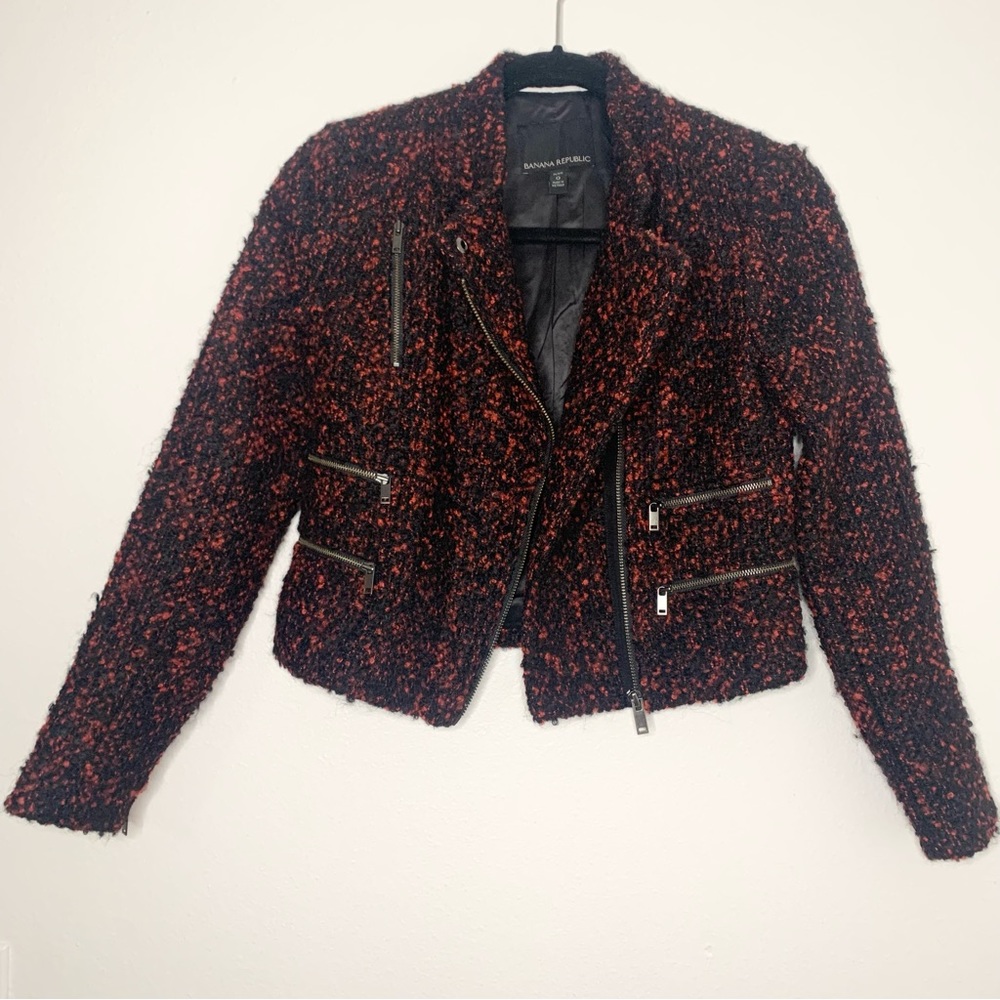 Banana Republic | Tweed Red & Black Moto Blazer Jacket with Zippers - 0 Petite